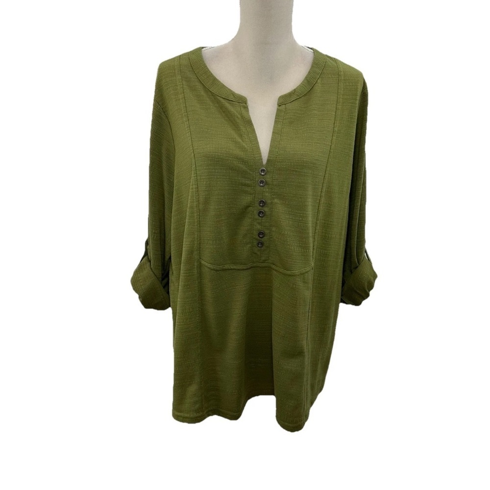 NWOT Jane Delancey Olive Green Top Womens 1X Tunic Roll-Tab Sleeves V Neck